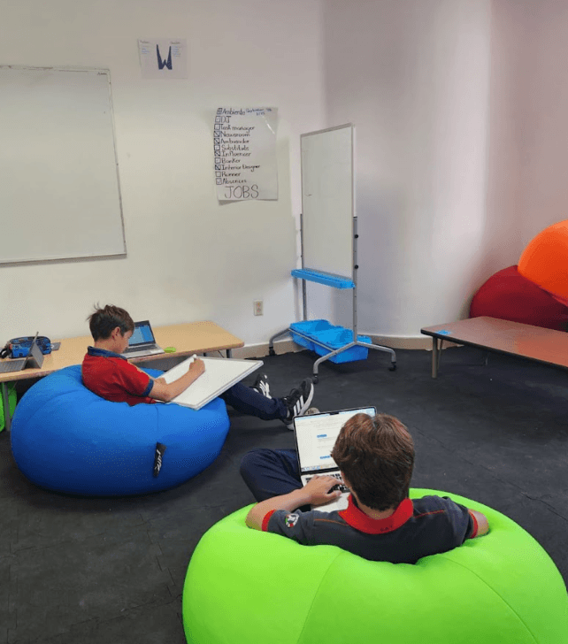 Students practicing skills with laptops in a flexible classroom